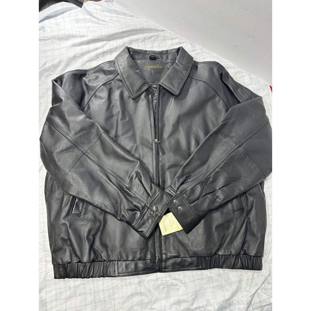 NWT St. John's Bay Men’s XXL Leather Bomber Jacket Full Grain Nappa Black $200